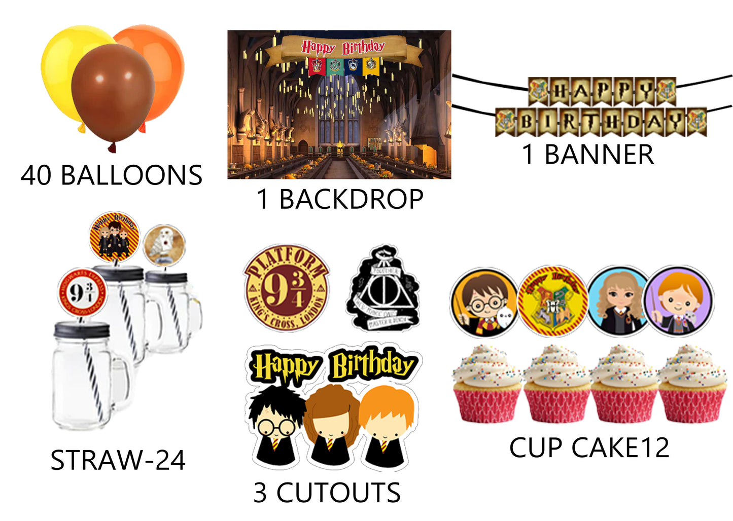 Harry Potter Theme Birthday Complete Party Kit with Backdrop & Decorations