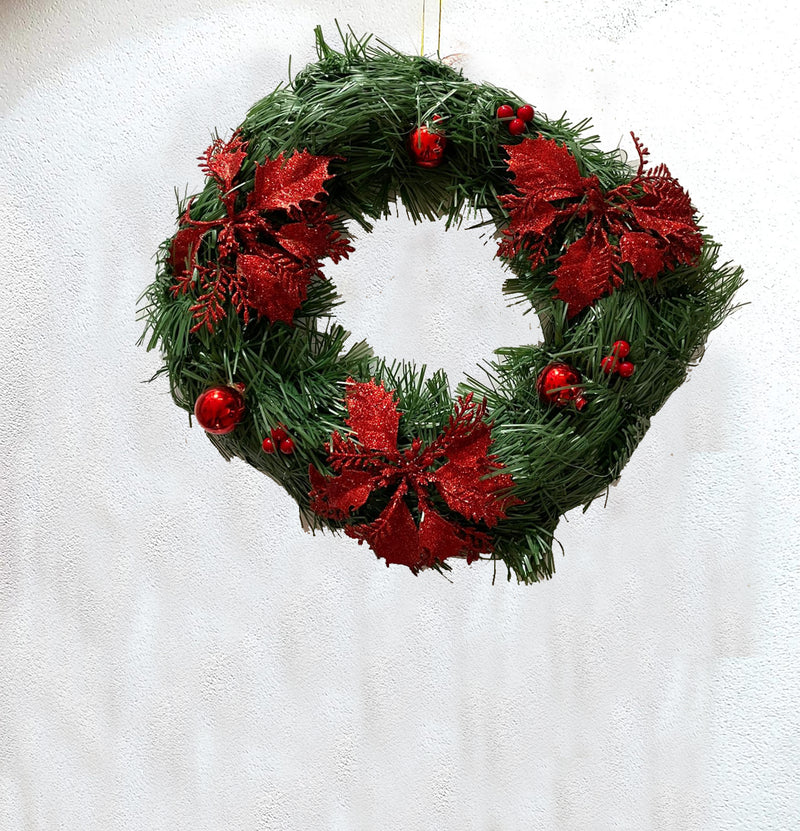 Christmas Wreath, 12 Inch Traditional Christmas, Artificial Decorative Wreath -1 Pc
