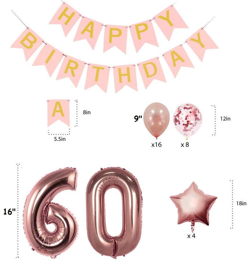 Rose Gold Sweet Party Supplies - Sweet Gifts for Girls - Birthday Party Decorations - Happy Birthday Banner, Number and Confetti Balloons (60th Birthday)