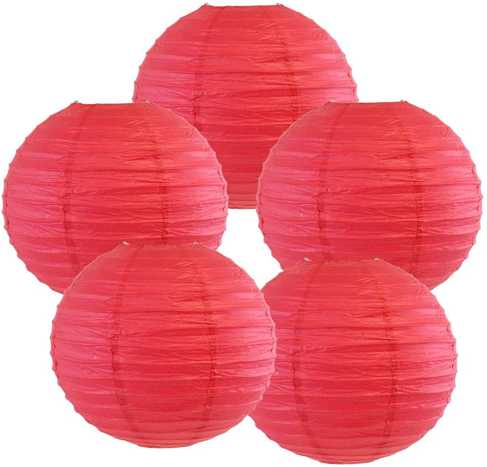 Red White And Gold White Tissue Paper Pom Poms And Paper Lanterns Decoration.