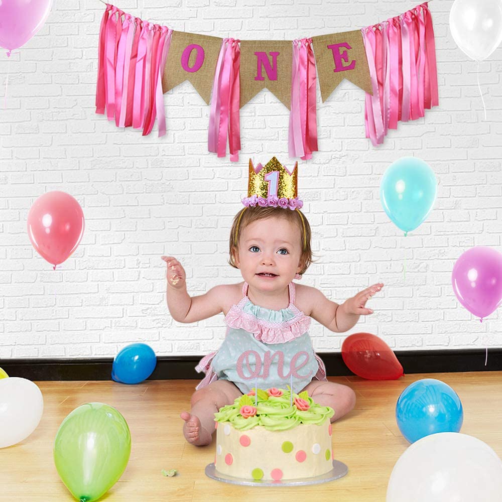 1St Birthday Decoration For Girl - Burlap Banner High Chair Decoration And Cake Topper