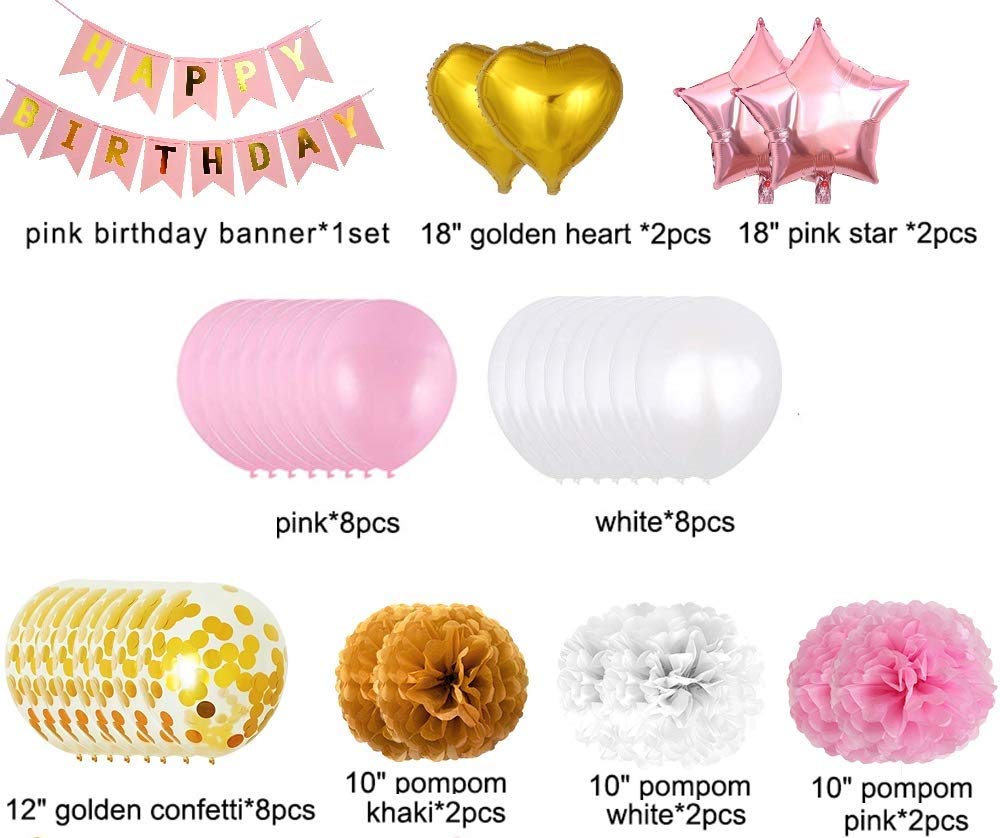 Pink And Gold Birthday Decorations -Happy Birthday Banner, Balloons, Pom Poms,Star And Heart Foil Balloons