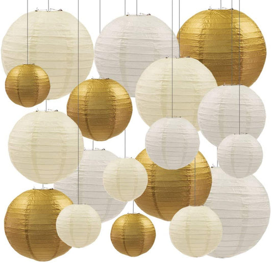 White And Golden Paper Lanterns -12"Inch Great For Baby Shower Parties