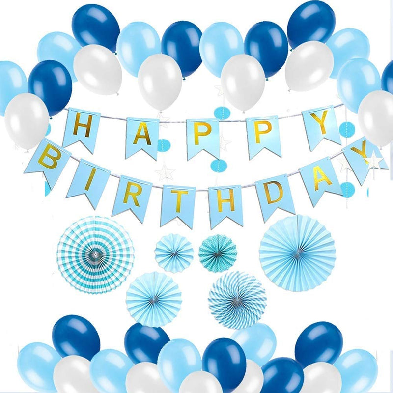 Happy Birthday Decoration Blue For Men And Boy, All-In-One Birthday Party Decor Supplies Set With Banner, Pom Pom, Fans, Balloons