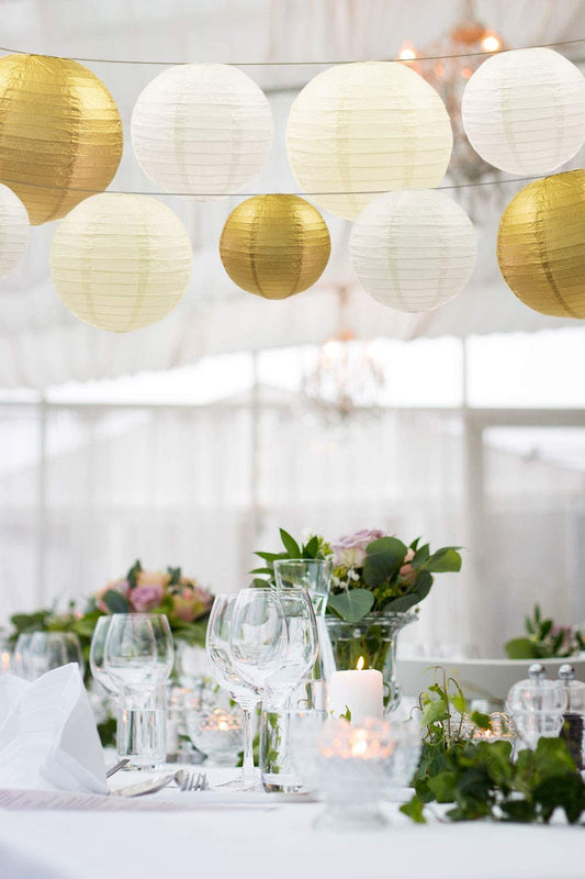 White And Golden Paper Lanterns -12"Inch Great For Baby Shower Parties