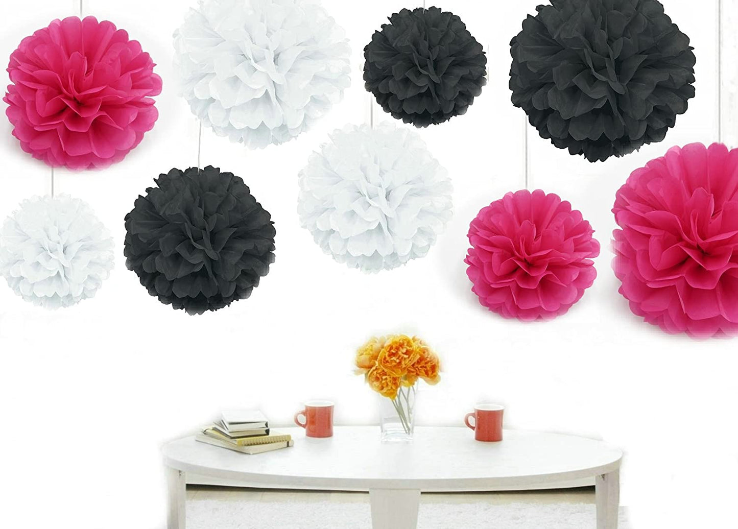 Pink White And Black Pom Pom Flower Decoration -Anniversary Parties & Milestone Birthday,Bachelor Parties