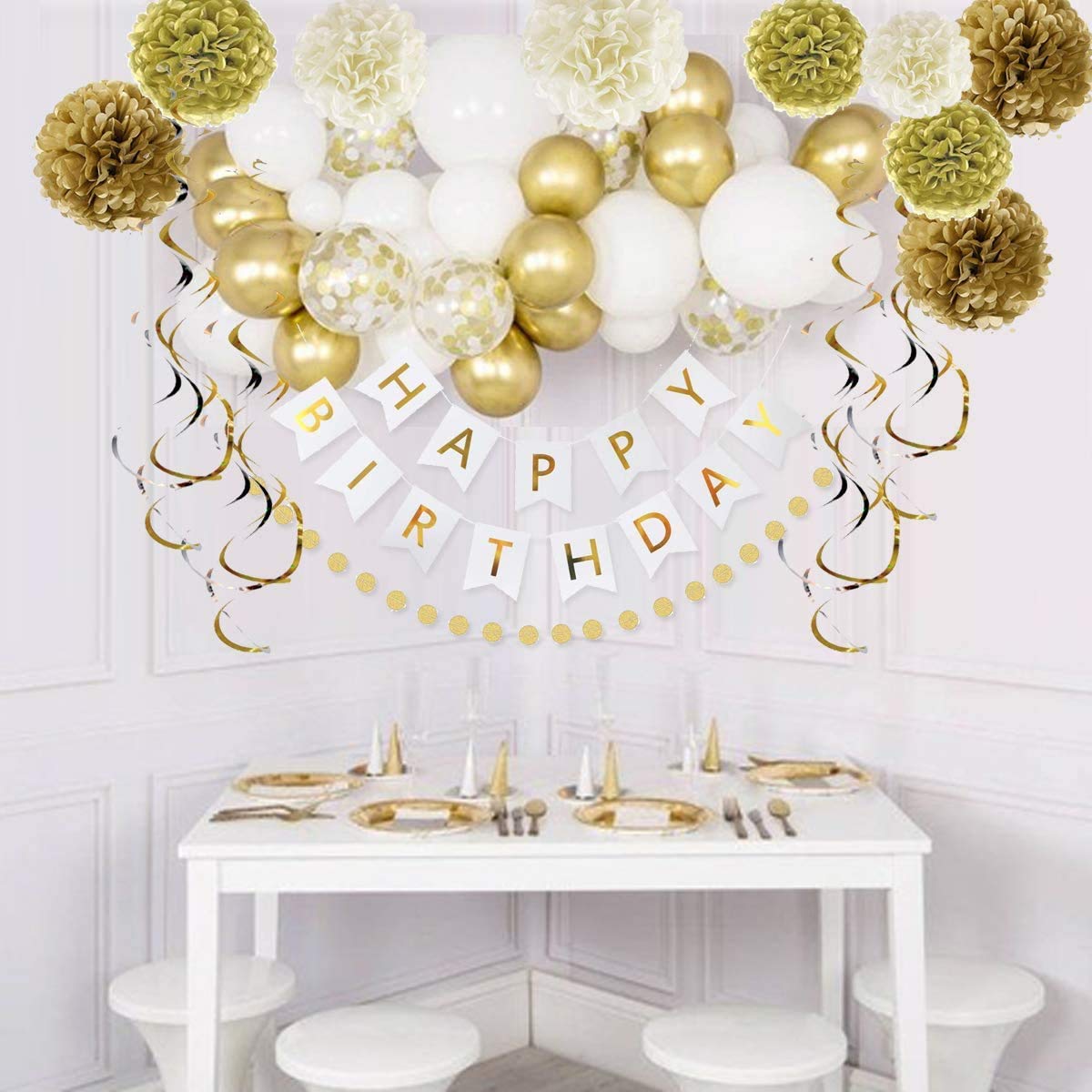 Gold White Birthday Decoration Set With Birthday Banner, Confetti Balloons, Paper Pom Poms