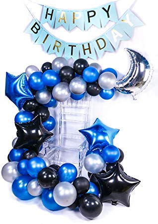 Blue and Silver Black with Blue Star foil Happy Birthday Banner Party Decorations