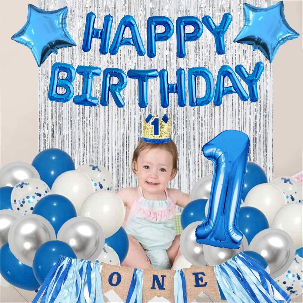 Blue And Silver First Happy Birthday Banner Decorations Combo- 59Pcs Set Kit