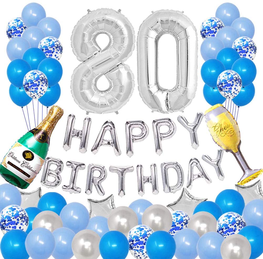 80Th Birthday Blue and Silver Party Decorations Kit