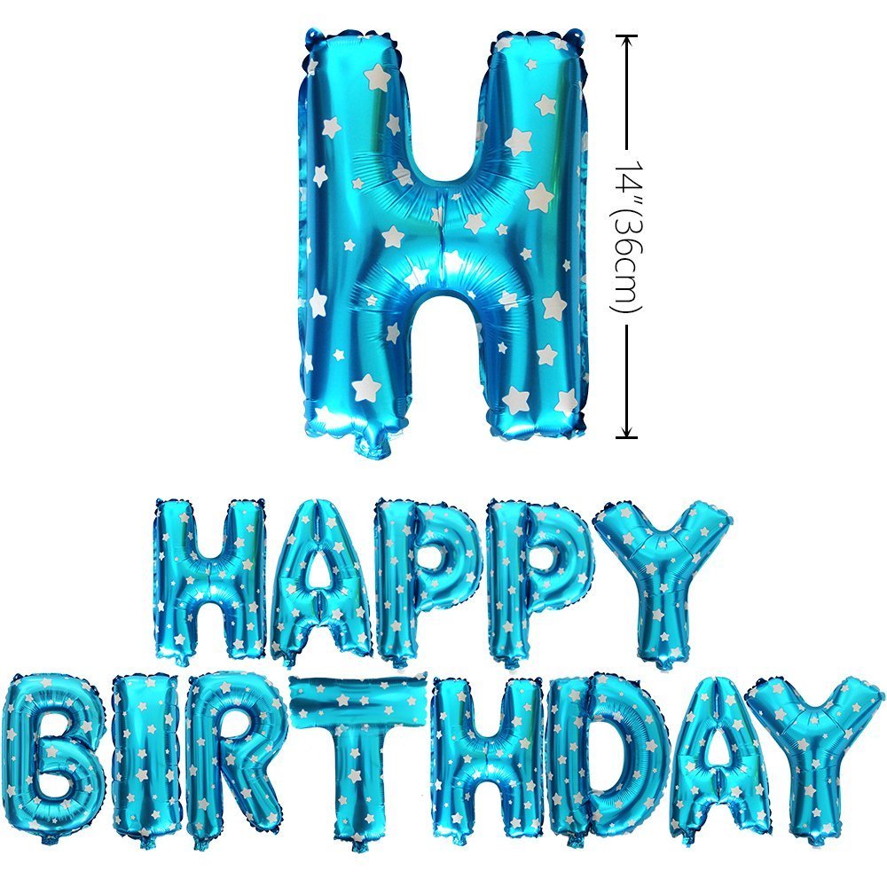 Decorations Set - Happy Birthday Blue Foil, 6 Pieces Gold Foil Star, 51 Pieces Latex Balloons