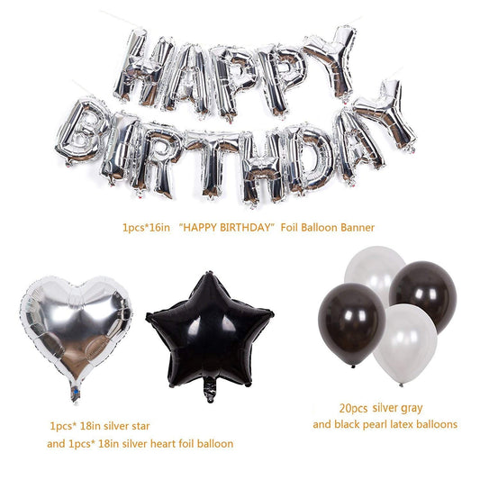 Silver And Black Birthday Decoration Combo"- Foil Balloons , Latex Balloons, Metallic Tinsel Foil Fringe Curtains
