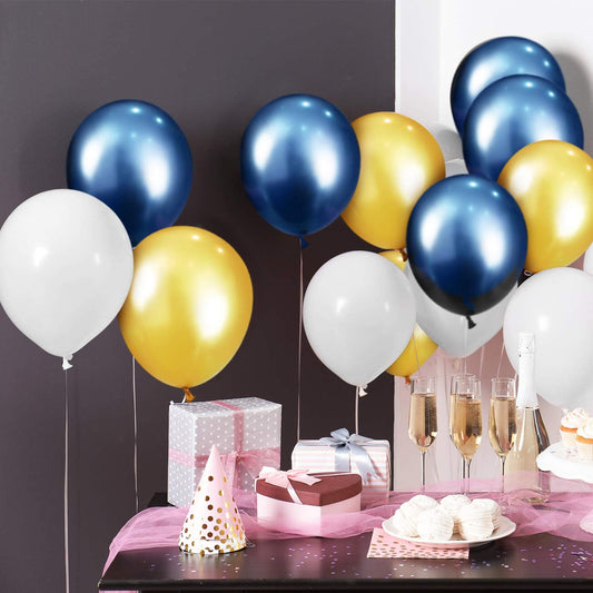 Metallic Balloons Dark Blue,White And Golden Latex For Birthday, Festival Party Decoration Boys Birthday