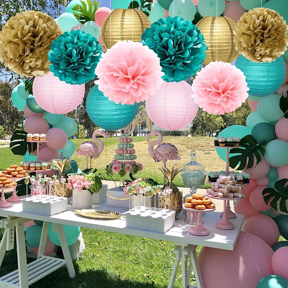 Tissue Paper Pom Poms And Paper Lanterns -Pink ,Green aAnd Golden