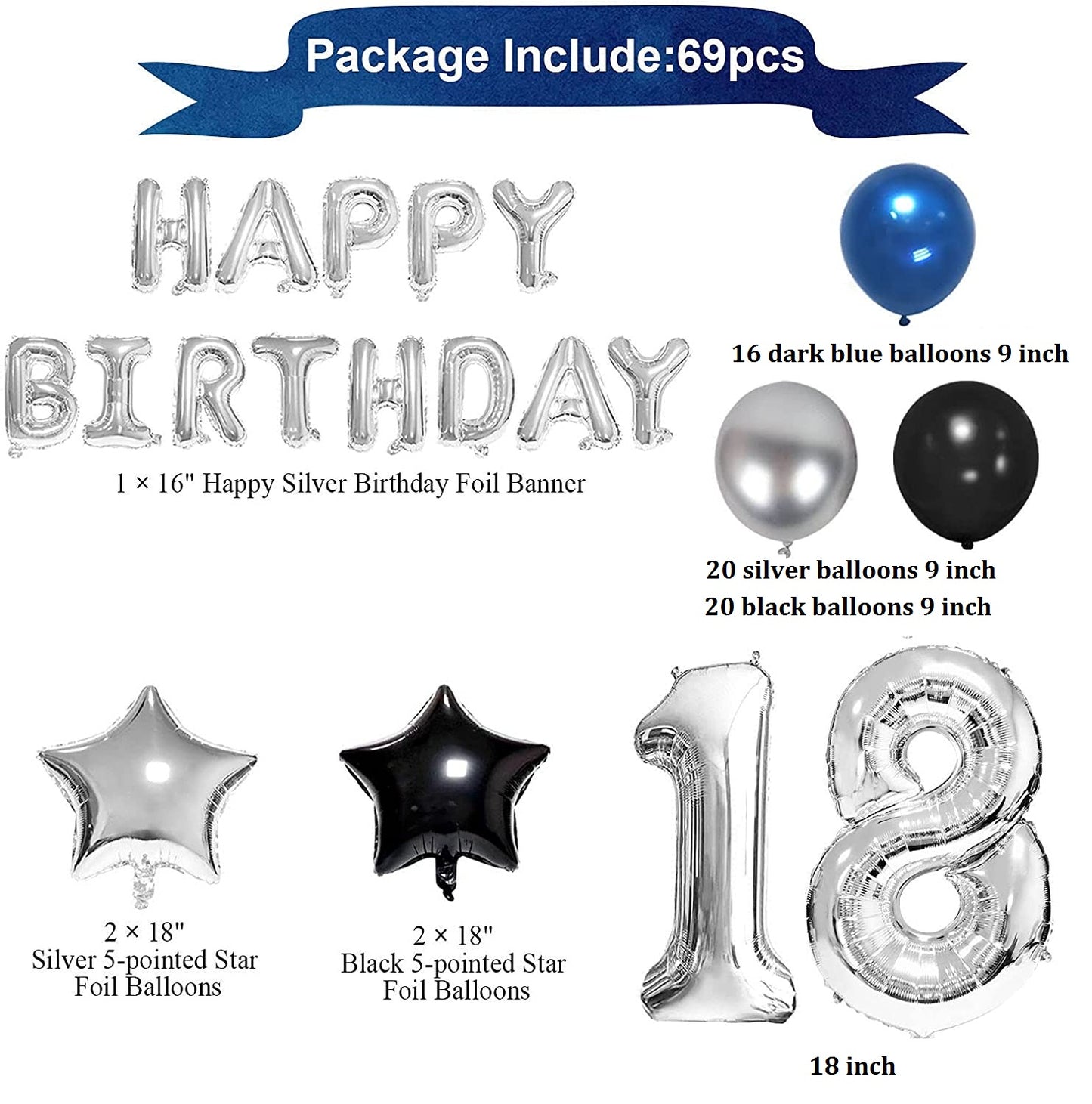 18 Birthday Party Supplies Silver Happy Birthday Banner Kit