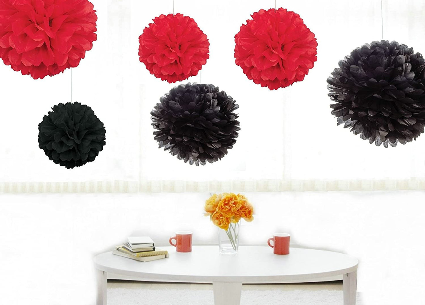 Red And Black Pom Pom Flower Decoration -Anniversary Parties & Milestone Birthday,Bachelor Parties,Car Racing ,Casino Theme