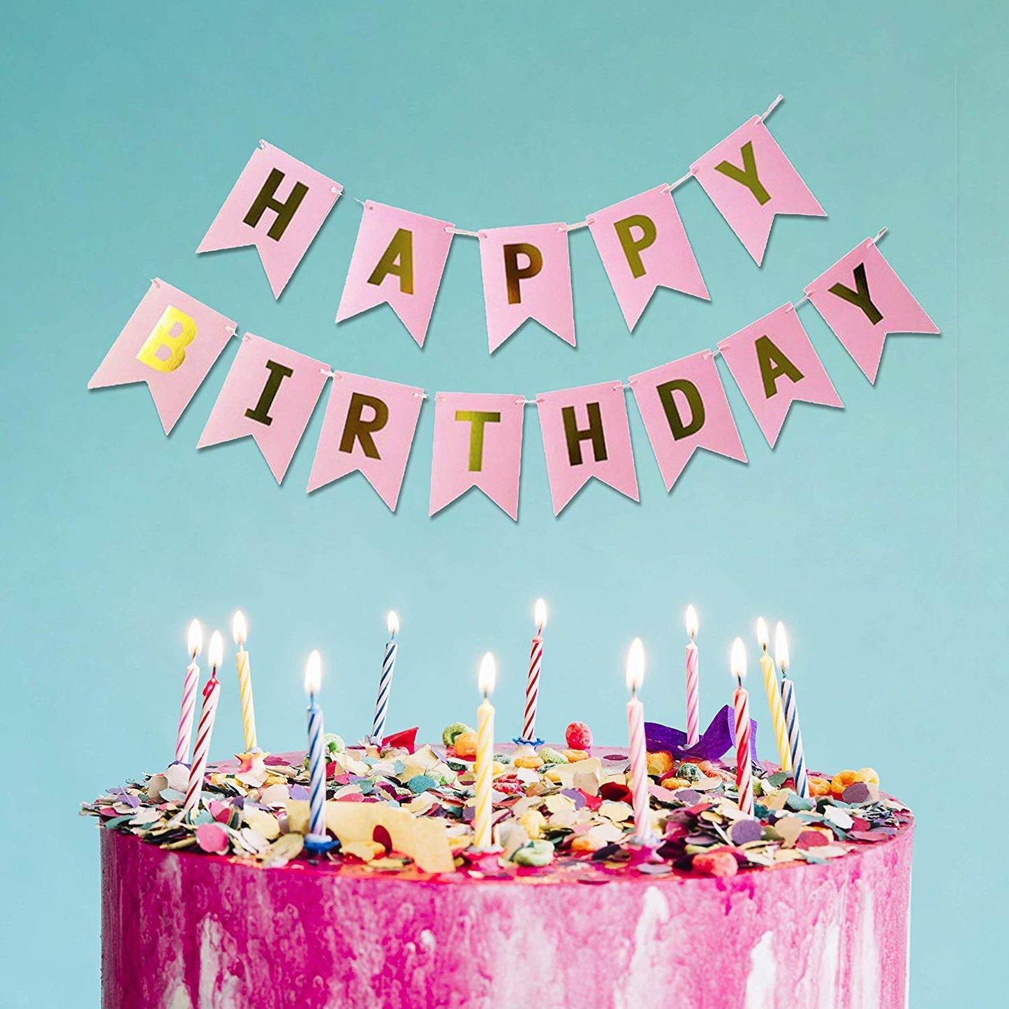 Pink And Gold Birthday Decorations -Happy Birthday Banner, Balloons, Pom Poms,Star And Heart Foil Balloons