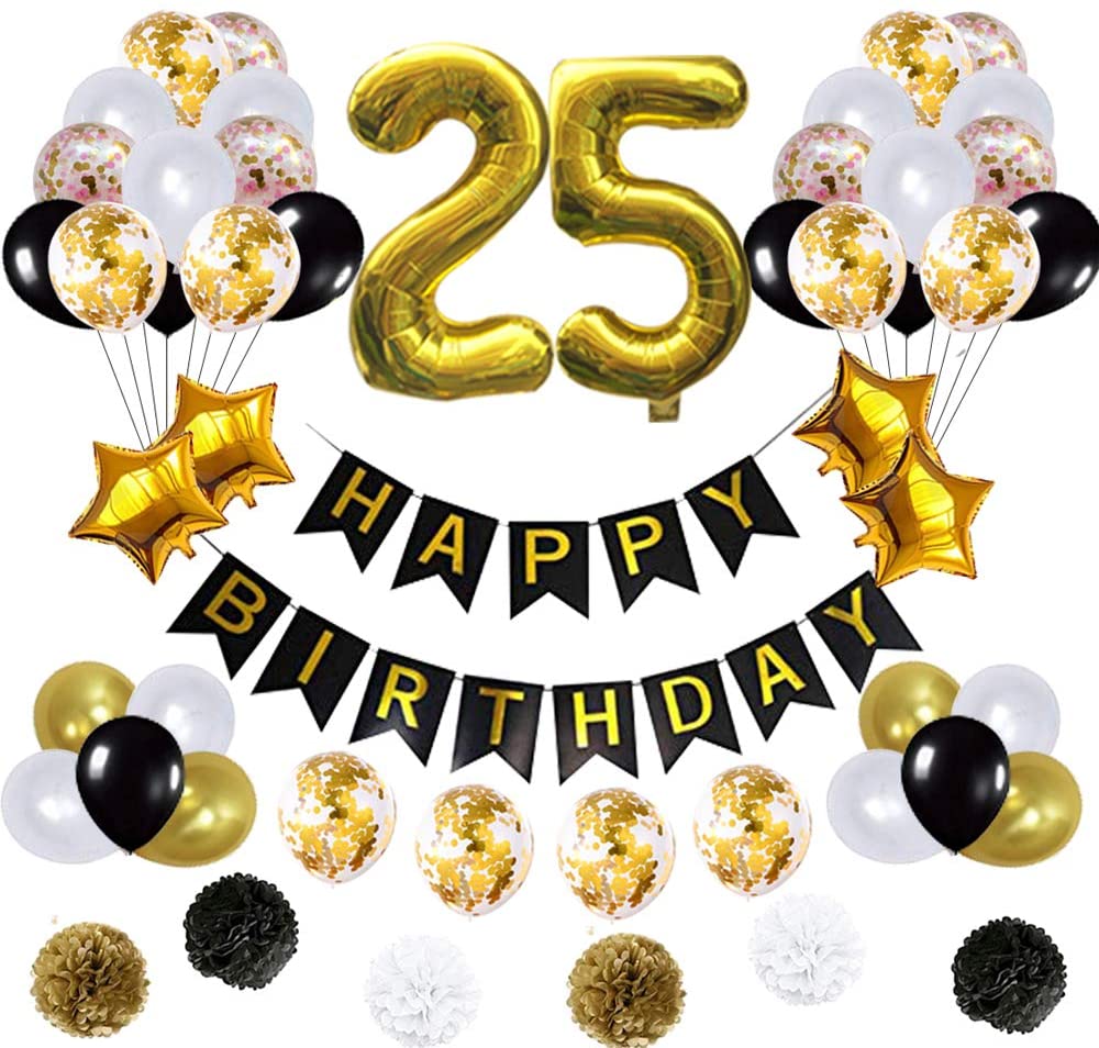 25 Birthday Decorations Ballons, Happy Birthday Banner/Pom Pom Flowers/Gold Balloons/Latex Balloons/Number 25 Foil Ballons Gold