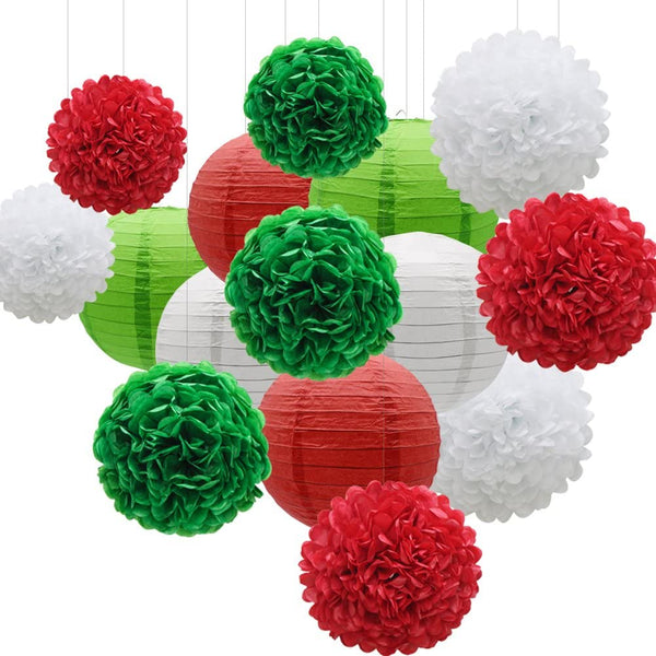 Red,Green And White Tissue Paper Pom Poms And Paper Lanterns - Party Decorations