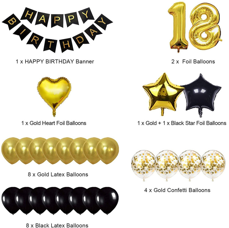 Black and Gold 18th Birthday Party Decorations Kit