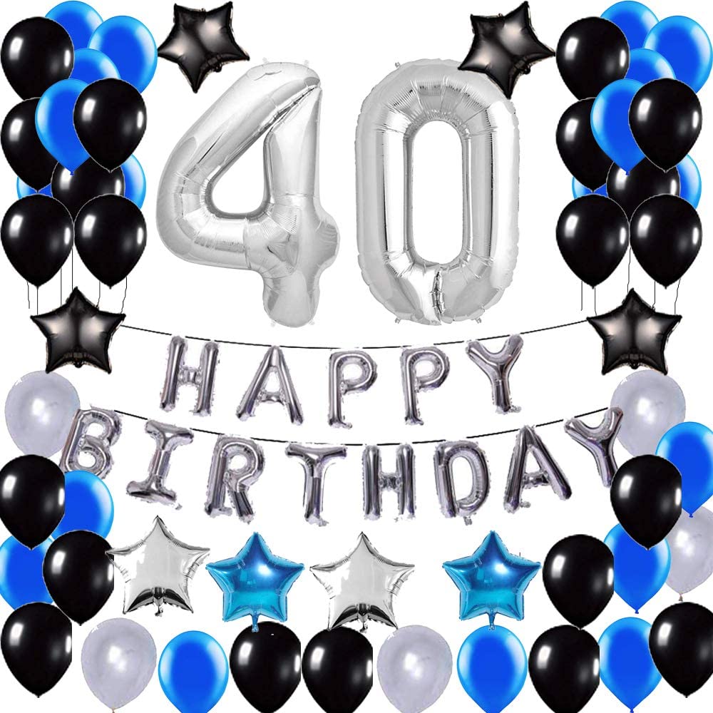 40th Birthday Decorations Party Supplies Blue Silver and Black