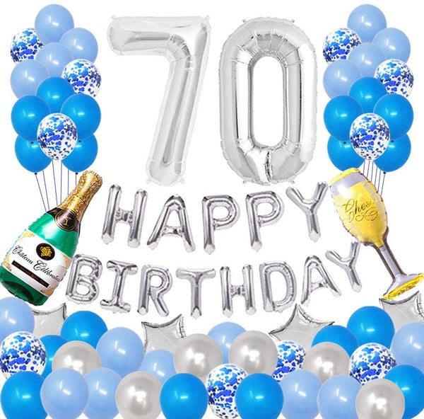 70th Birthday Party Blue and Silver Decorations Kit