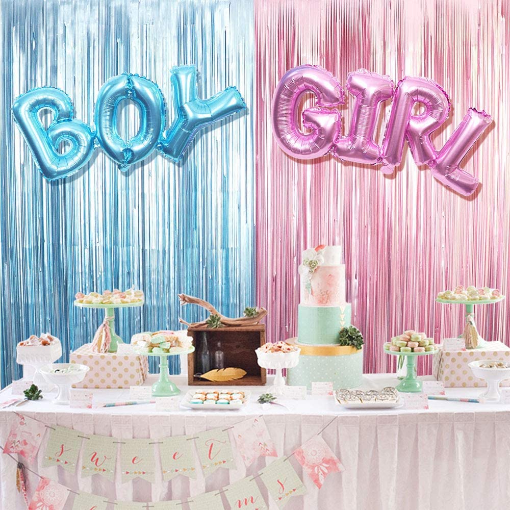 Baby Shower Decoration Pink Blue Fringe Curtain And Boy Girl Foil Balloon