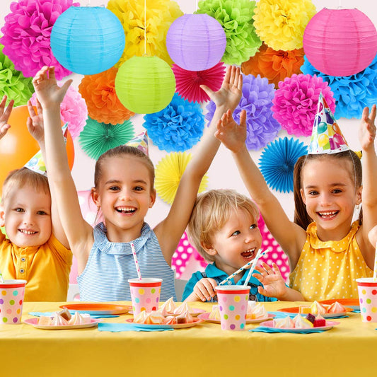 Multi Color Tissue Paper Pom Poms, Paper Fans And Paper Lanterns