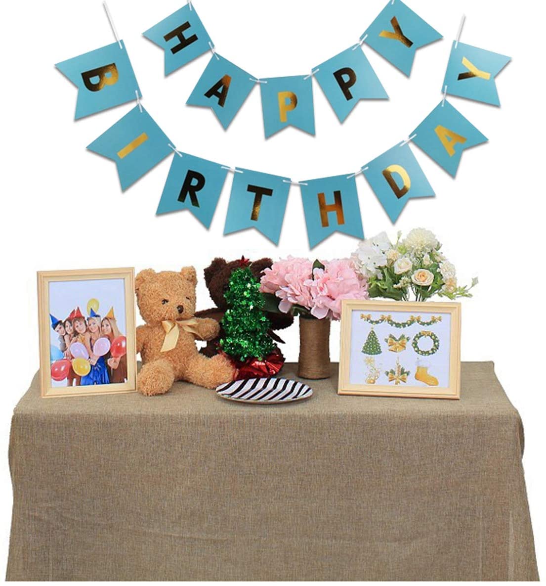 Blue Gold Foiled Happy Birthday Bunting Banner Party Decor Home Decor For Home