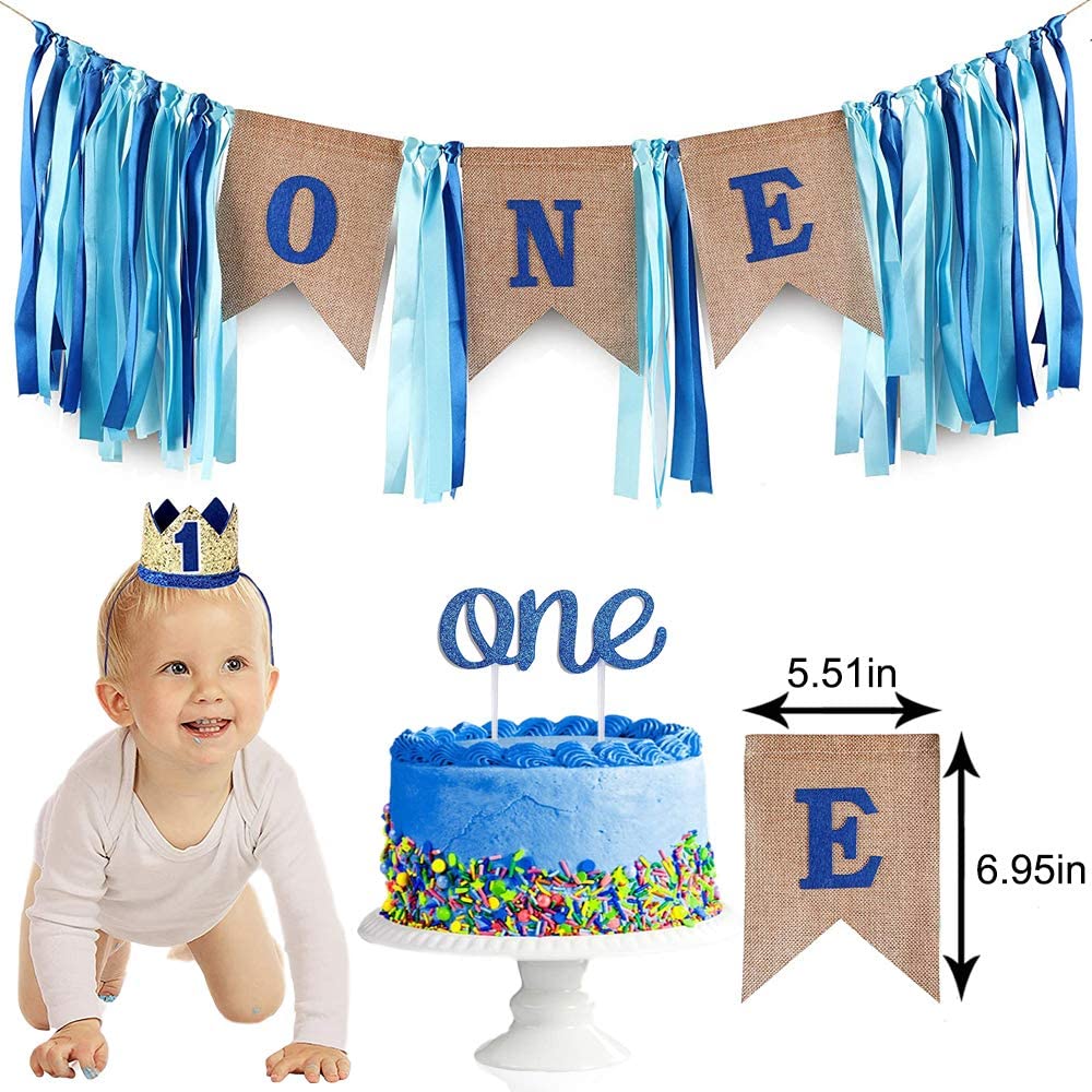 Blue And Silver First Birthday Banner Decorations Combo- 59Pcs Set Kit