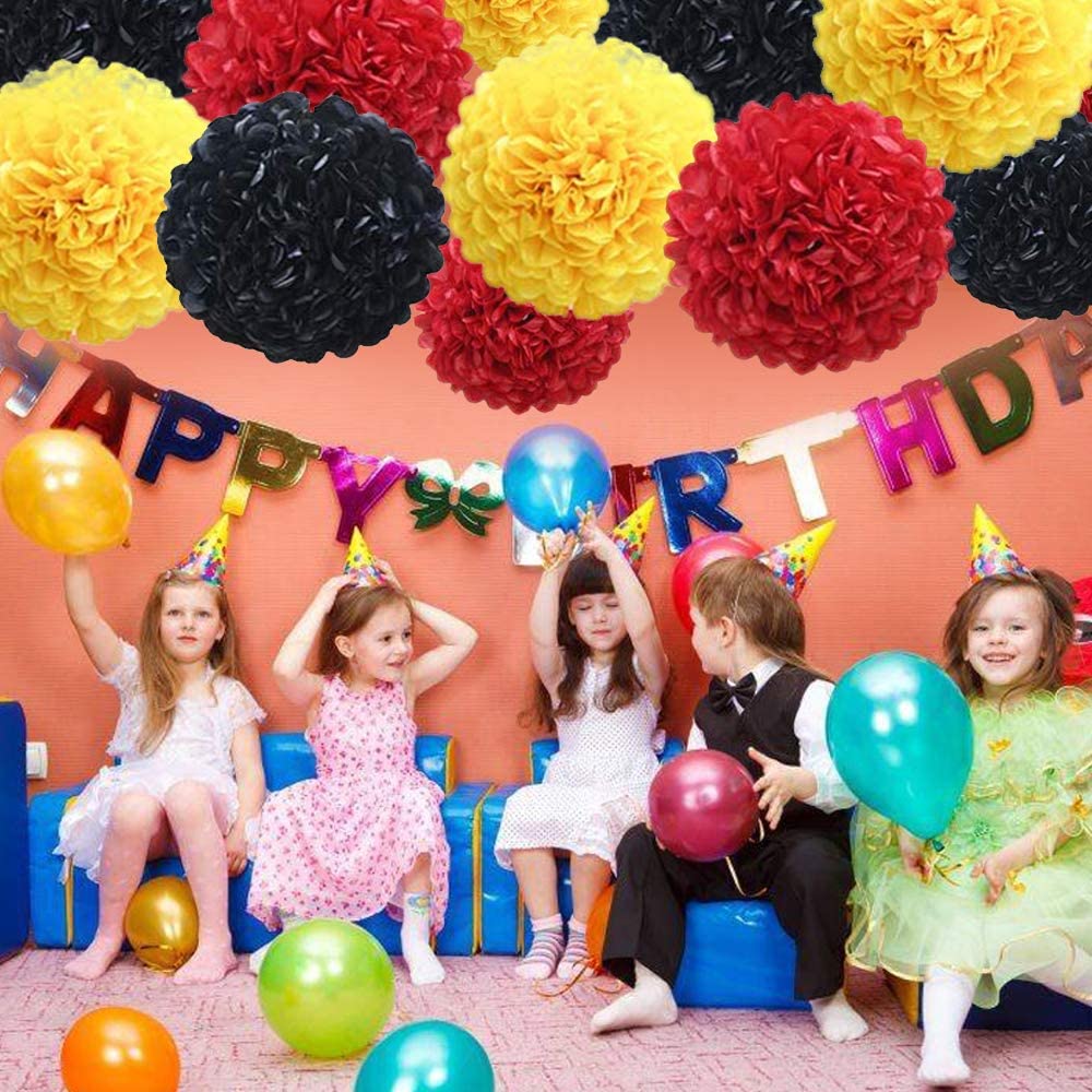 Red ,Yellow And Black Pom Pom Flower Decoration For Birthday Parties, Anniversary Party & Baby Shower