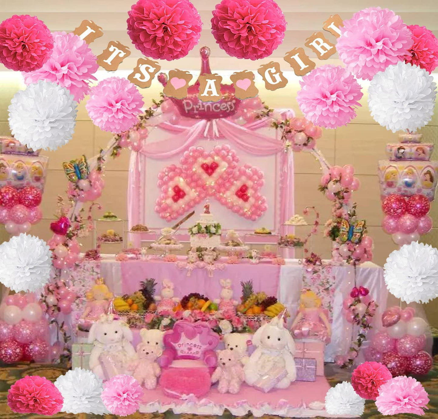"Welcome Girls Baby Decoration Kit"-Girl Paper Garland Bunting Banner , Paper Pom Poms And Latex Balloons