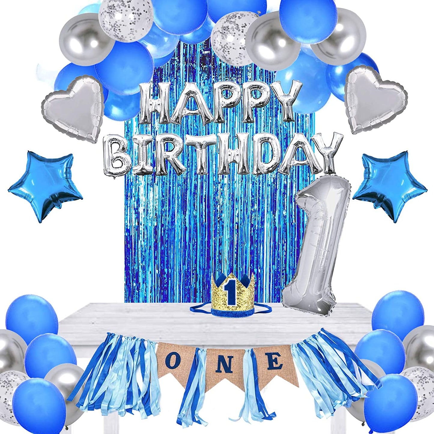 Blue And Silver First Birthday Banner Decorations Combo- 59Pcs Set Kit