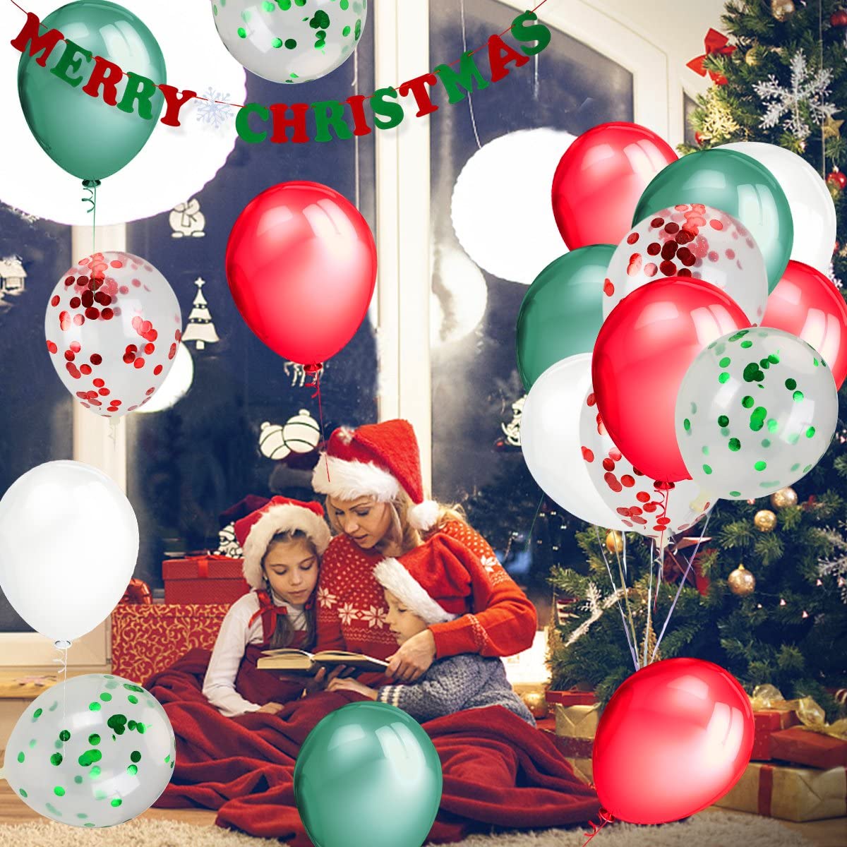 Red & Green Confetti And Latex Balloons Christmas Party