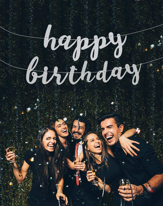 Happy Birthday Banner Cursive Letters - Silver Glittery