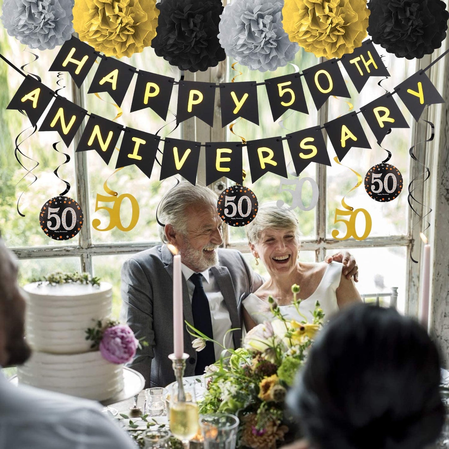 50Th Anniversary Decorations Kit - Anniversary Banner, Hanging Swirl And Pom Pom