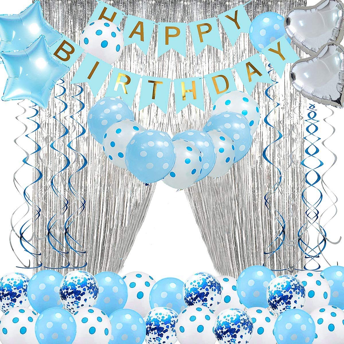 Blue Birthday Decorations | Happy Birthday Banner | Hanging Swirls ...