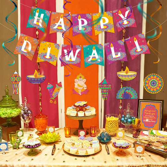 Diwali Decorations Kit Banner and Hanging Swirls
