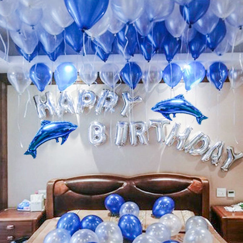 Happy Birthday Decoration Kits, Ocean Dolphin Balloons For Party Supplies(Blue And Silver)-Set Of 53