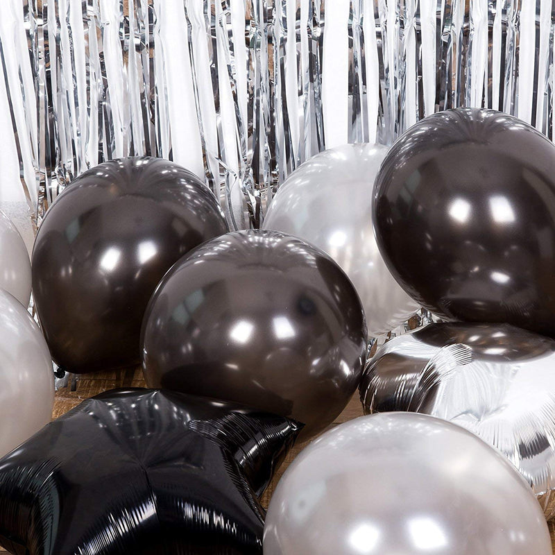 Silver And Black Birthday Decoration Combo"- Foil Balloons , Latex Balloons, Metallic Tinsel Foil Fringe Curtains