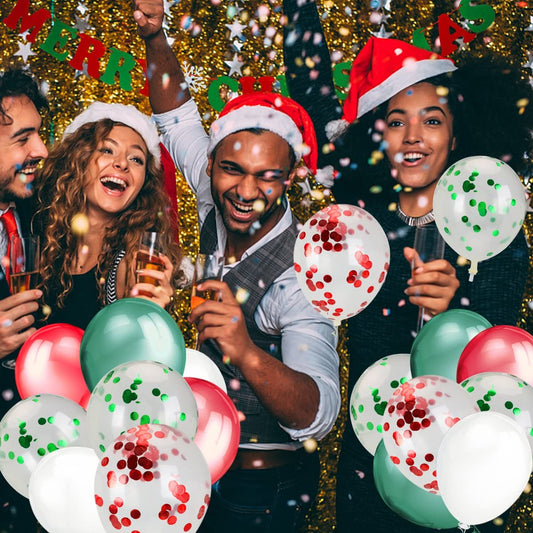 Red & Green Confetti And Latex Balloons Christmas Party