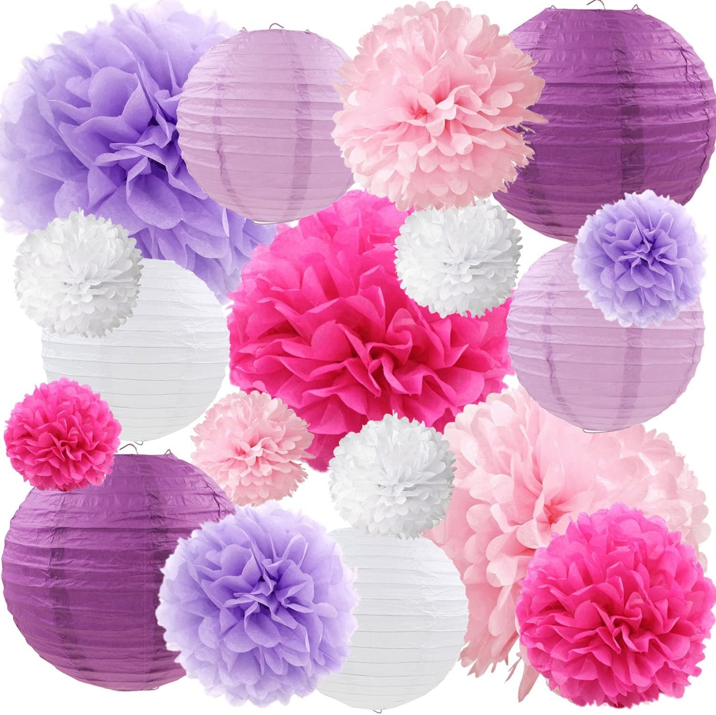 Pink ,Purple And White Tissue Paper Pom Poms And Paper Lanterns -Party Decorations