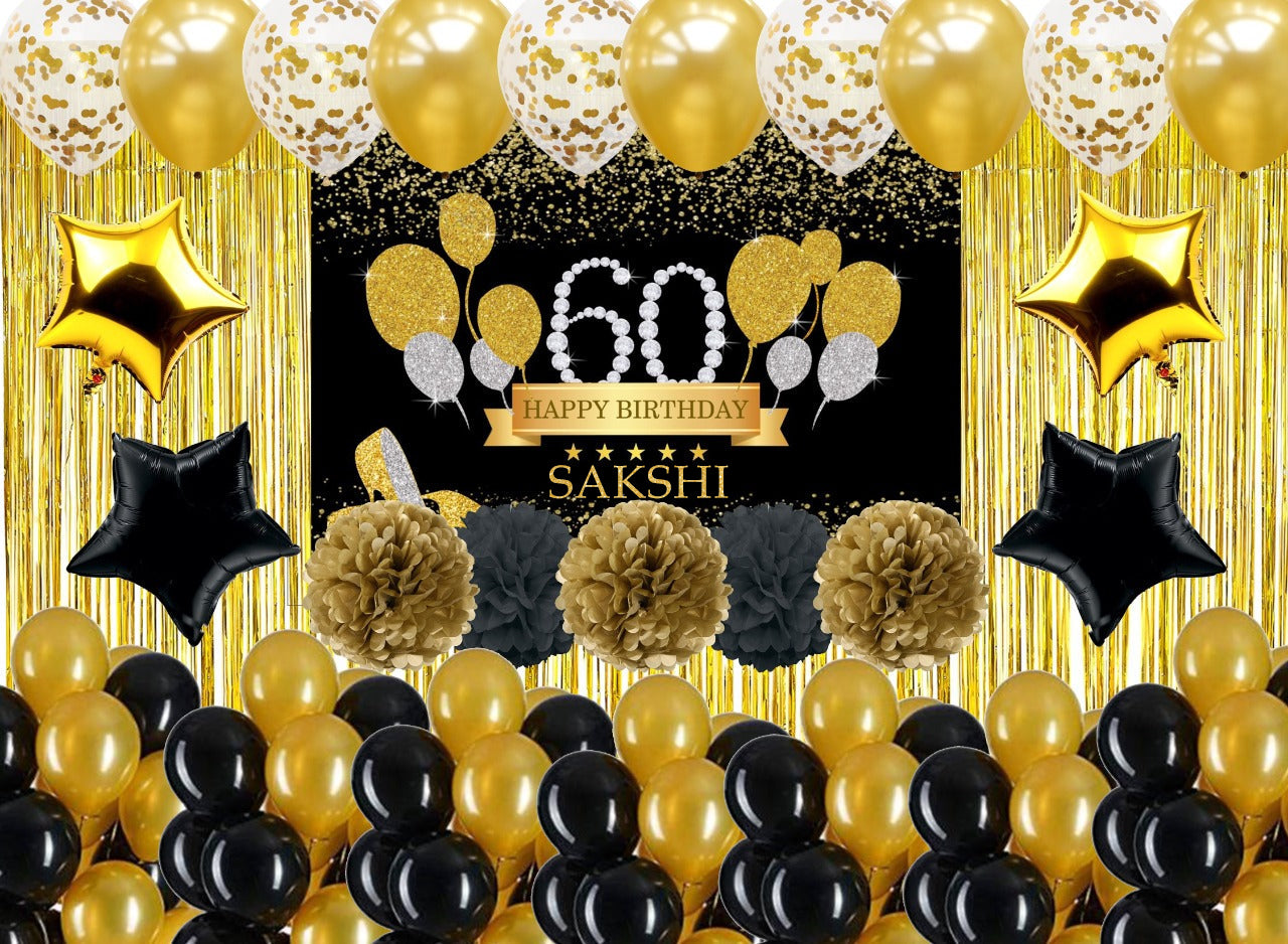 60th Birthday Party Decorations Complete Set for Birthday Party -Backdrop & Decorations Kit with Pom Pom Pump Glue Dot & Balloon Strip