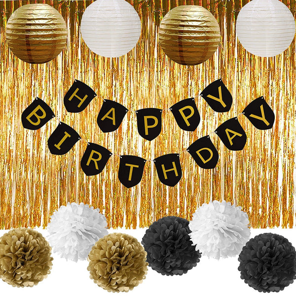 Gold And White Decoration Kit- Happy Birthday Banner, Fringe ,Pom Pom And Lanterns