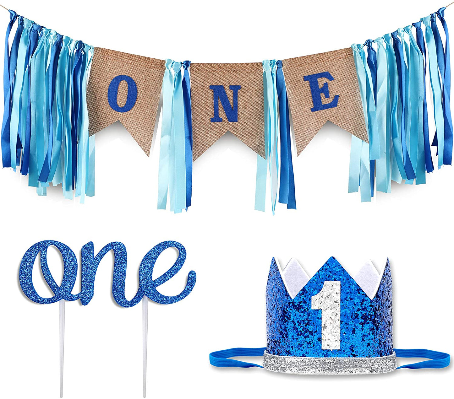 Blue And Silver First Happy Birthday Banner Decorations Combo- 59Pcs Set Kit