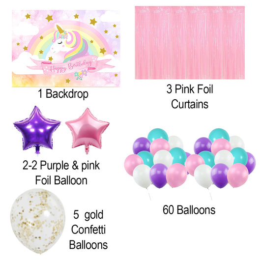 Unicorn Theme Birthday Party Decoration Kit with Backdrop & Balloons