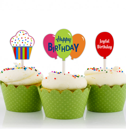 Joyful Theme Birthday Cupcake Toppers for Decoration