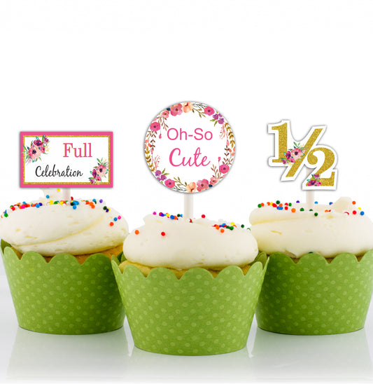 Half Birthday Theme Birthday Party Cupcake Toppers for Decoration