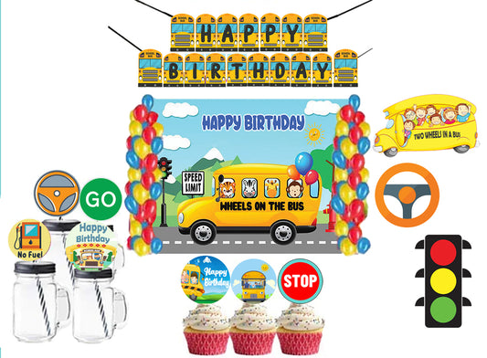 Wheels on the Bus Theme Birthday Party Combo Kit with Backdrop & Decorations