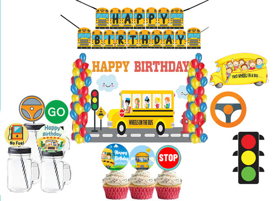 Wheels on the Bus Theme Birthday Party Combo Kit with Backdrop & Decorations